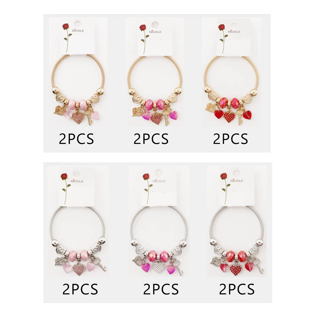 Heart & Key Charm Bracelet Set – Expandable Gold & Silver Tone Coil Jewelry
