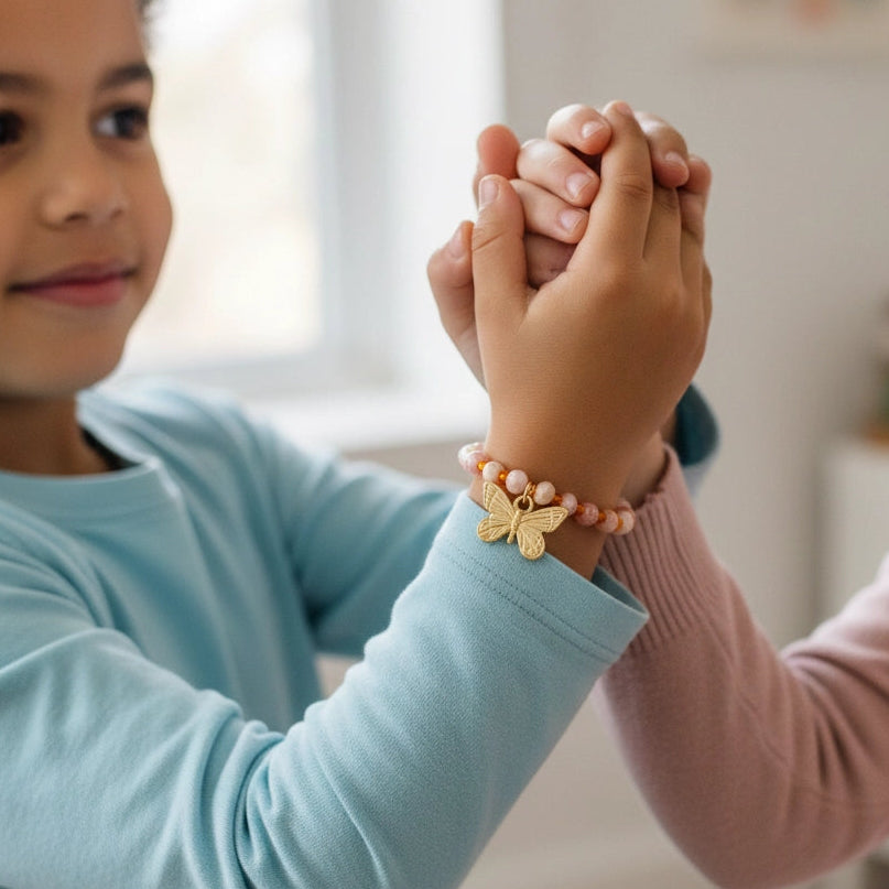 Kids Gold Butterfly Charm Beaded Bracelet – Colorful Faceted Crystal Jewelry (CB2888)