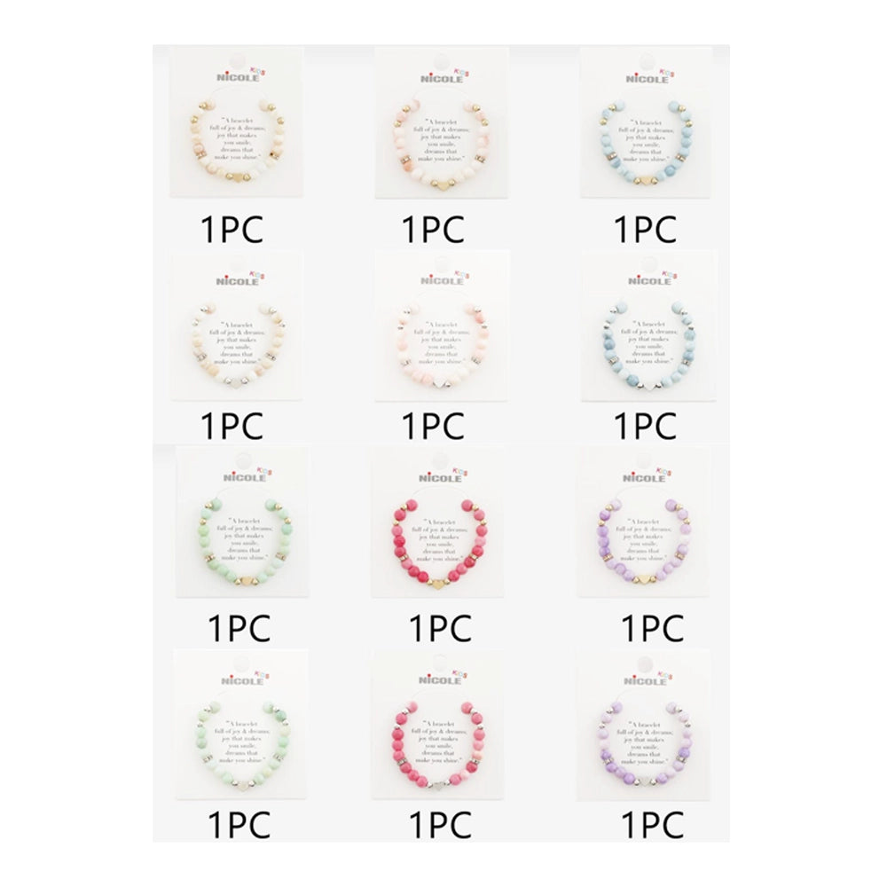 Kids Heart Charm Beaded Stretch Bracelet - Marble Effect Stone Beads - Pack of 12 (CB2891)