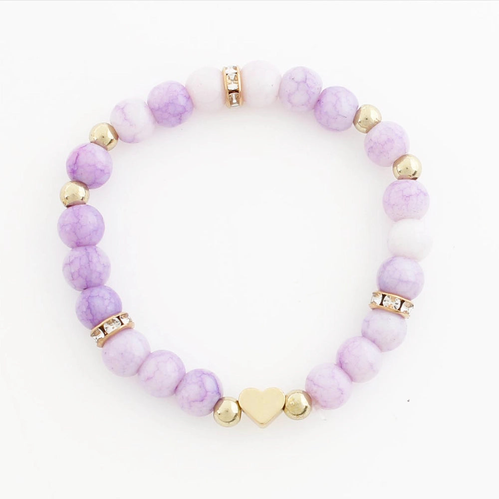 Kids Heart Charm Beaded Stretch Bracelet - Marble Effect Stone Beads - Pack of 12 (CB2891)