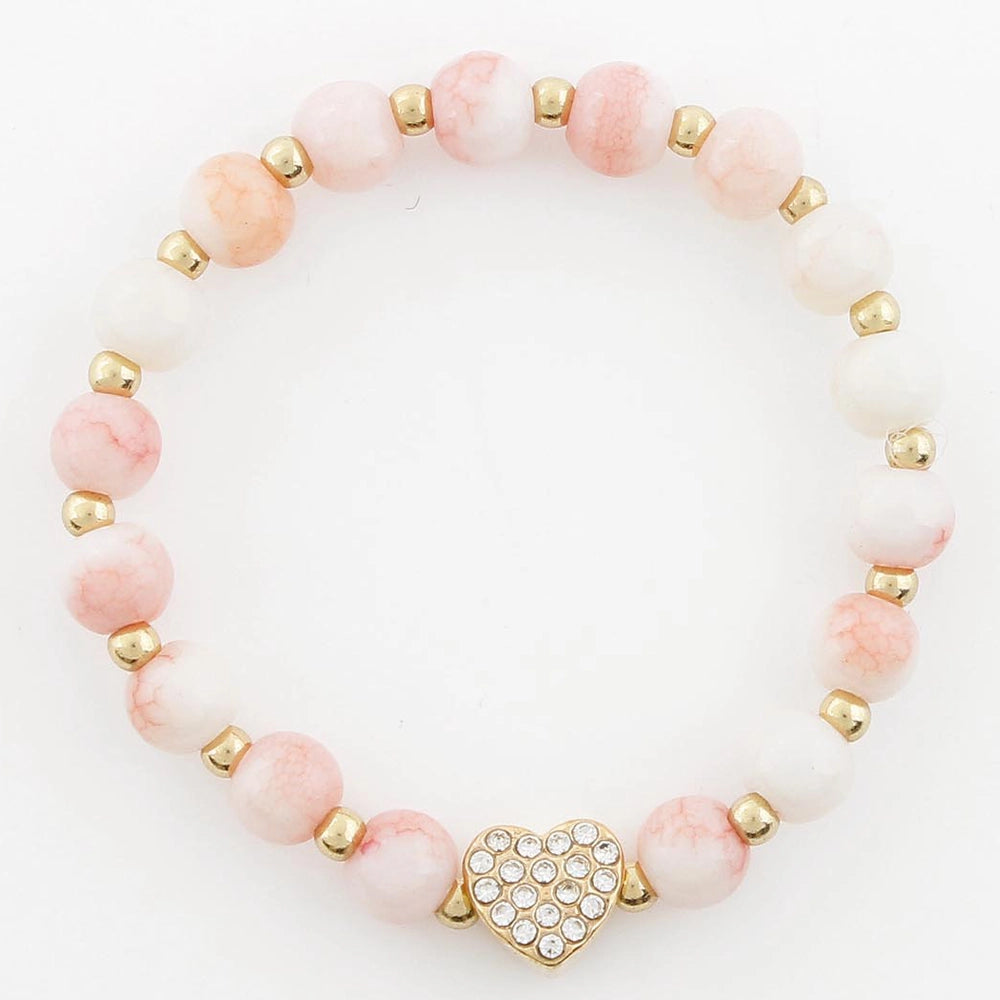Kids' Heart Charm Beaded Bracelet – Sparkly Rhinestone & Pastel Faux Stone Stretch Jewelry (CB2892)