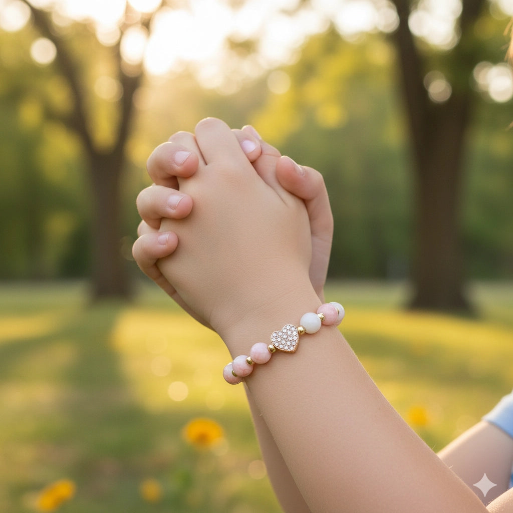Kids' Heart Charm Beaded Bracelet – Sparkly Rhinestone & Pastel Faux Stone Stretch Jewelry (CB2892)