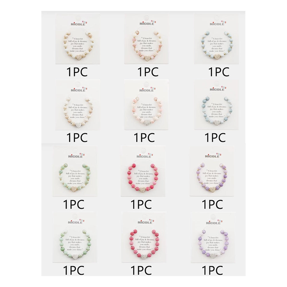 Kids' Heart Charm Beaded Bracelet – Sparkly Rhinestone & Pastel Faux Stone Stretch Jewelry (CB2892)