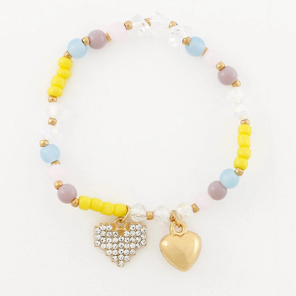 Kids' Heart Charm Beaded Bracelet – Sparkly Rhinestone & Gold Heart Stretch Jewelry (CB2897)