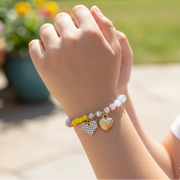 Kids' Heart Charm Beaded Bracelet – Sparkly Rhinestone & Gold Heart Stretch Jewelry (CB2897)