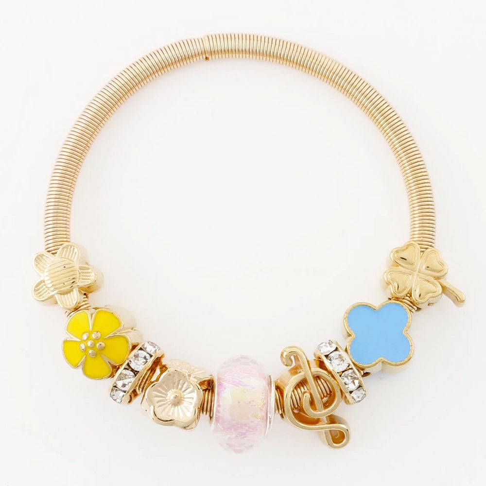 Kids' Charm Bracelet – Gold & Silver Tone Coil Stretch Bracelet with Musical & Floral Charms (CB2899)