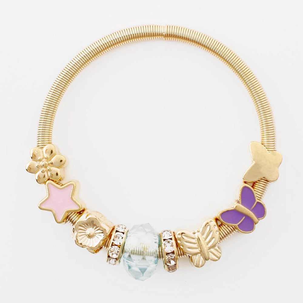 Kids’ Flexible Coiled Charm Bracelet – Gold & Silver Tone with Butterfly and Star Charms (12pc) (CB2901)