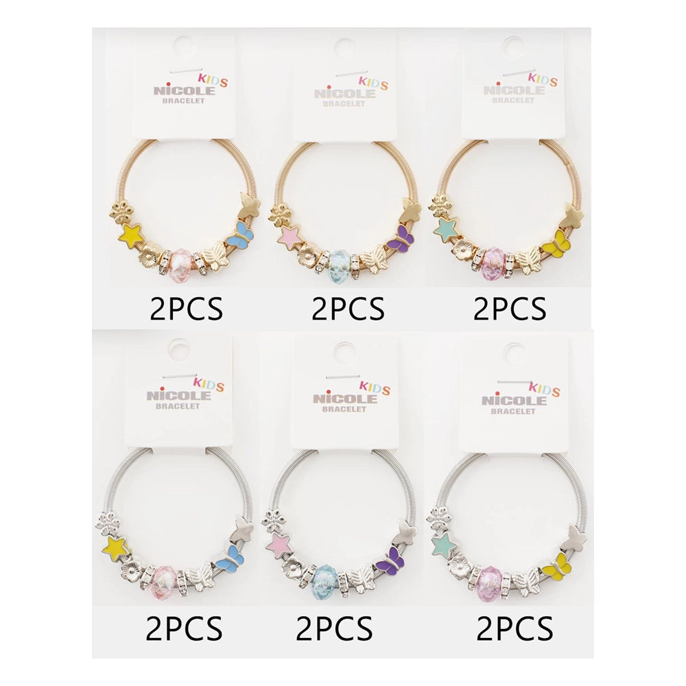 Kids’ Flexible Coiled Charm Bracelet – Gold & Silver Tone with Butterfly and Star Charms (12pc) (CB2901)