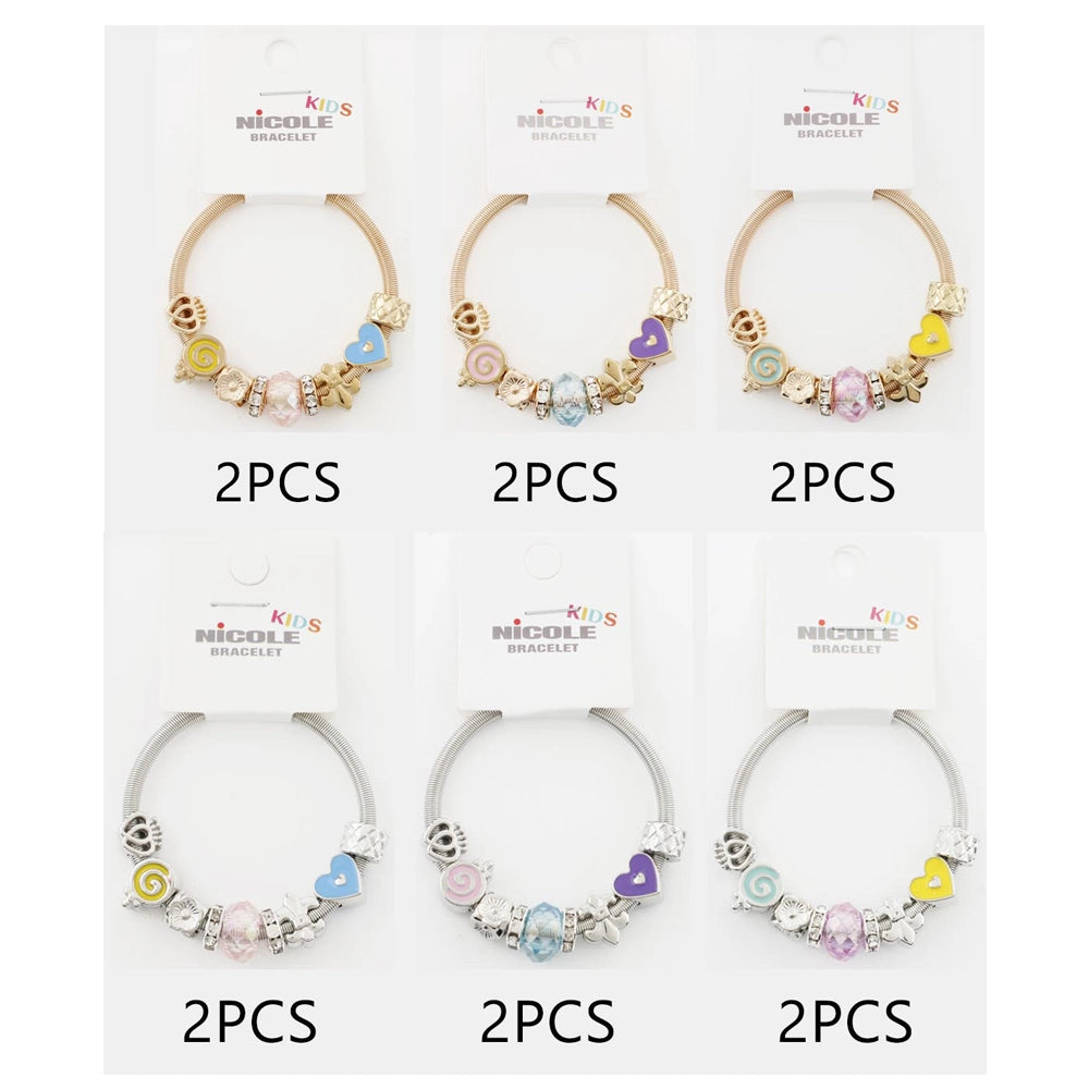 Kids Charm Bracelet Stretch Jewelry with Colorful Heart & Floral Charms (CB2903)