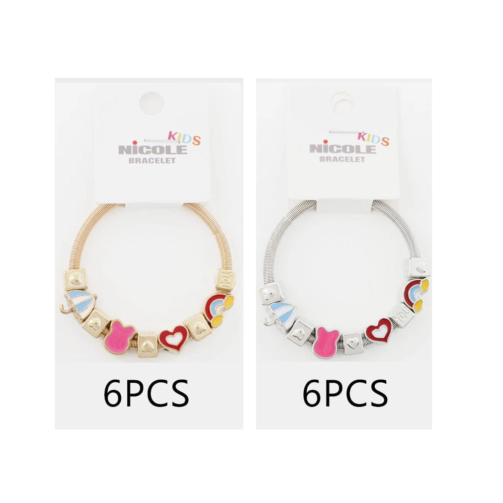 Kids’ Nicole Charm Bracelet - Stretchy Gold Coil with Enamel Rainbow & Heart Accents (CB2911)