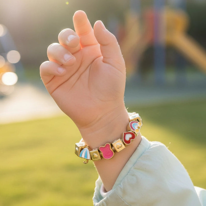 Kids’ Nicole Charm Bracelet - Stretchy Gold Coil with Enamel Rainbow & Heart Accents (CB2911)