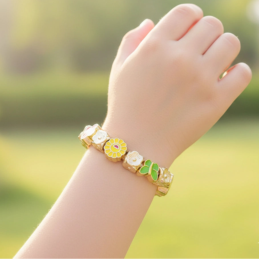 Kids' Colorful Floral Charm Spring Bracelet – Gold & Silver Tone (CB2912)