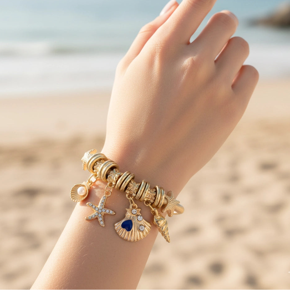 Ocean Charm Necklace – Coastal Beach Shell & Starfish Pendant Jewelry (CB2923)