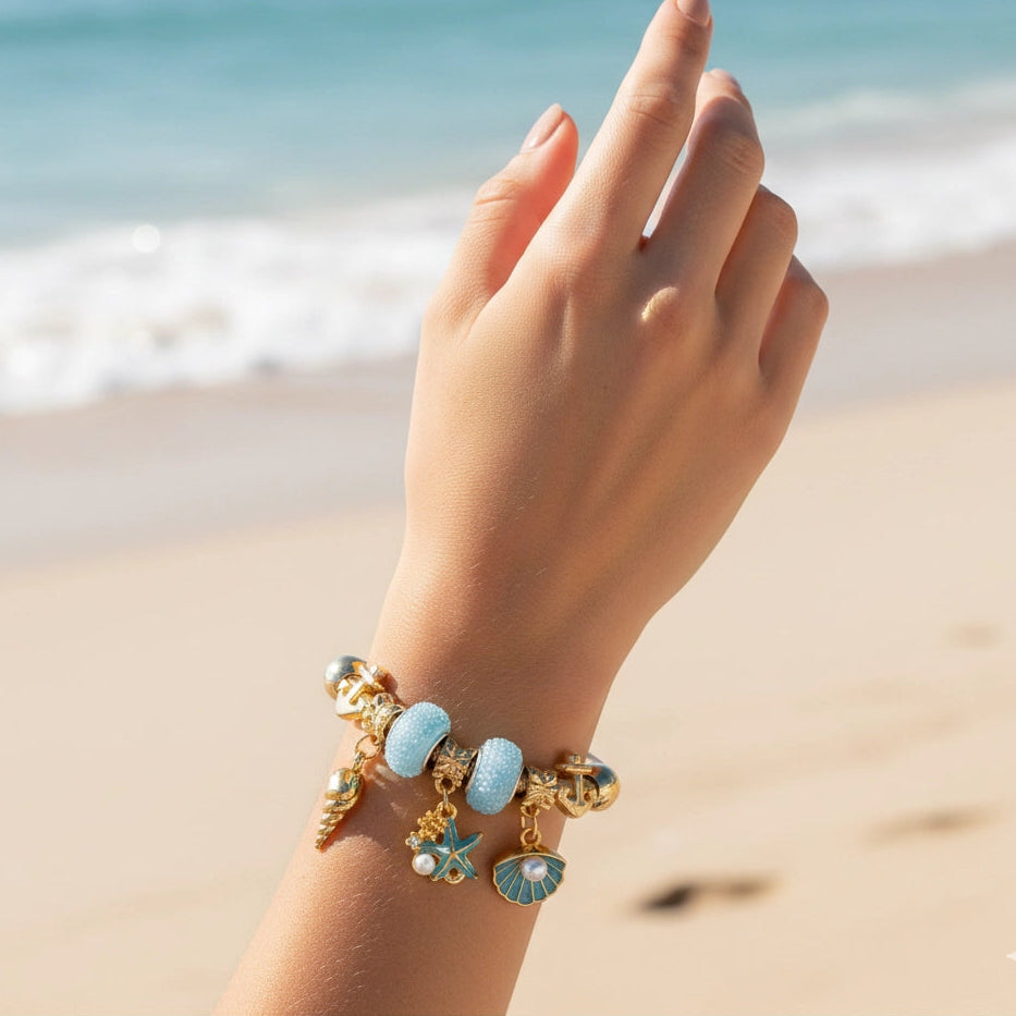 Nautical Charm Stretch Bracelet - Ocean Theme Gold & Silver Tone (CB2924