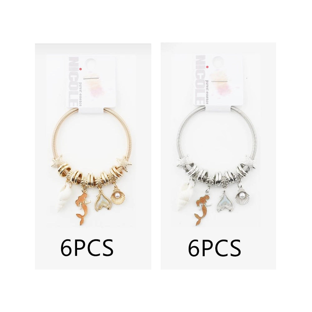 Bohemian Mermaid Charm Bracelet – Nautical Ocean-Themed Gold & Silver Bangle with Seashell & Starfish Charms (CB2925)