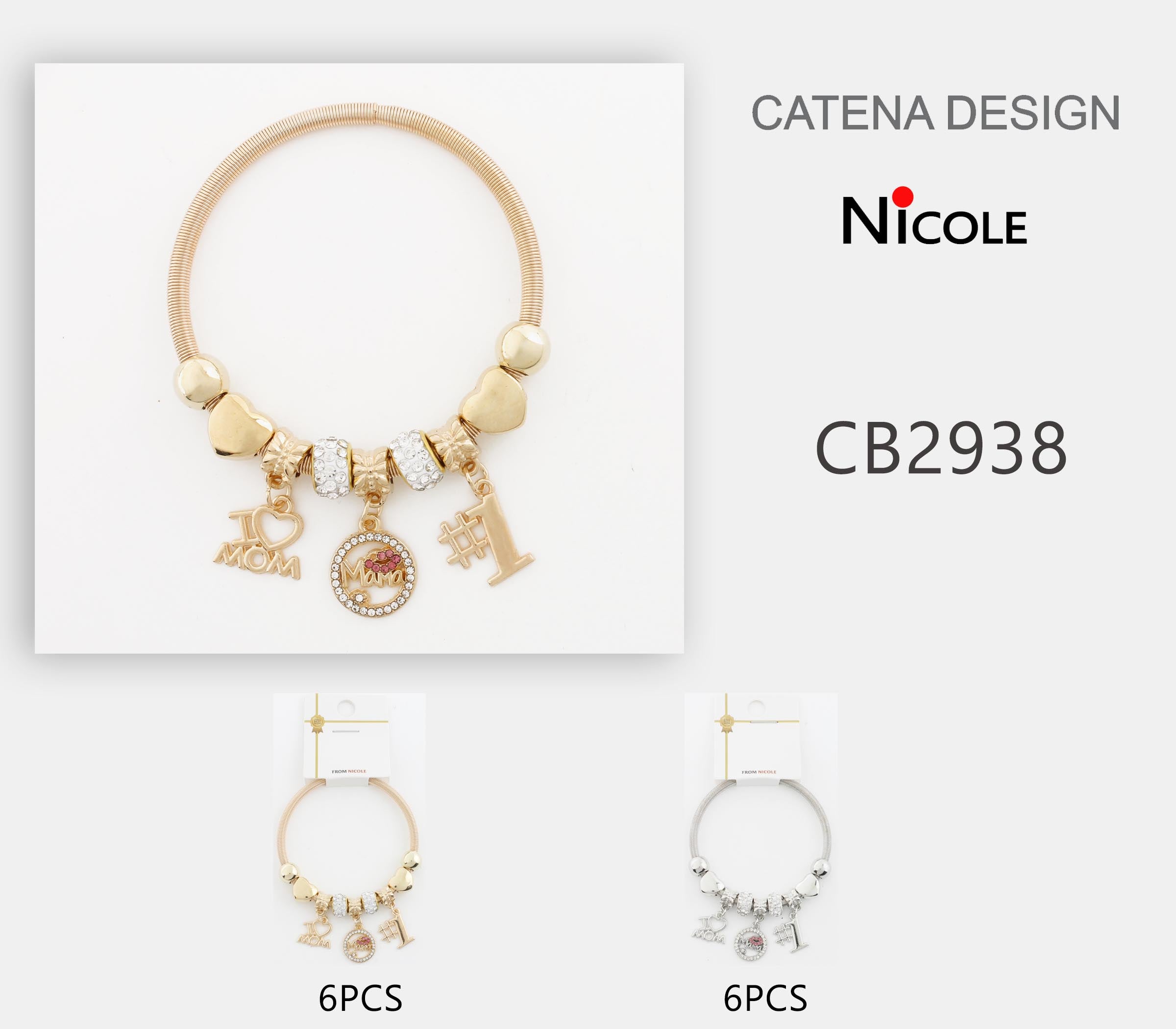 Mother’s Day Charm Bracelet - "I Love Mom" & "#1 Mama" Adjustable Bangle (CB2938)