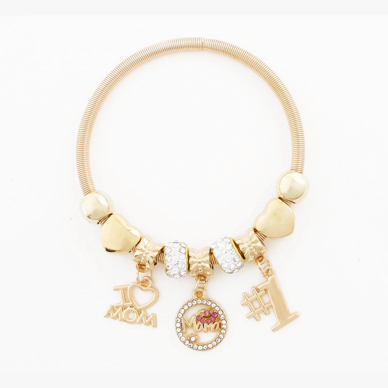 Mother’s Day Charm Bracelet - "I Love Mom" & "#1 Mama" Adjustable Bangle (CB2938)