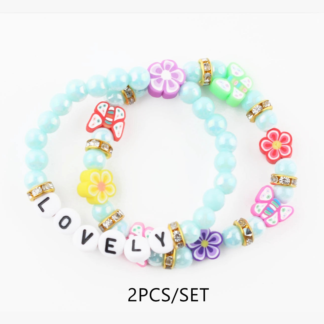 "LOVELY" Beaded Bracelet Set – Colorful Butterfly & Flower Charms CB2955