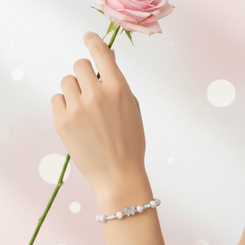 Handmade Glass Bead Butterfly Charm Bracelet Set – Pastel Crystal &amp; Seed Bead Adjustable Anklet/Bracelet, Wholesale Fashion Jewelry 12pc (CB3011)