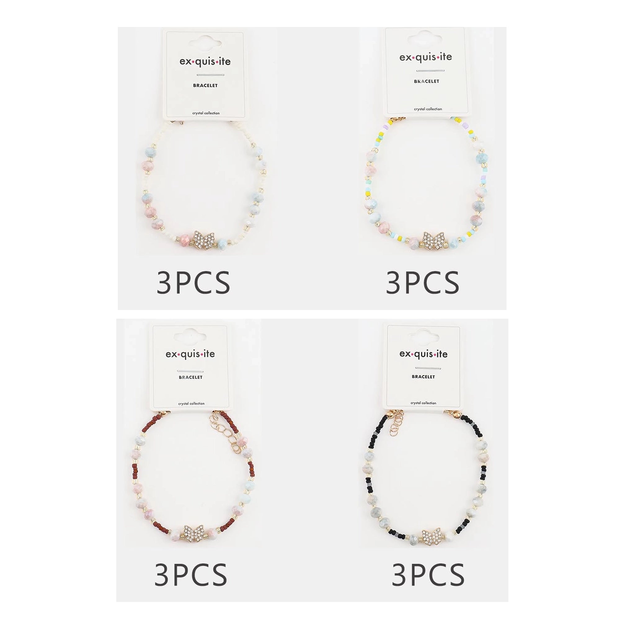 Handmade Glass Bead Butterfly Charm Bracelet Set – Pastel Crystal &amp; Seed Bead Adjustable Anklet/Bracelet, Wholesale Fashion Jewelry 12pc (CB3011)