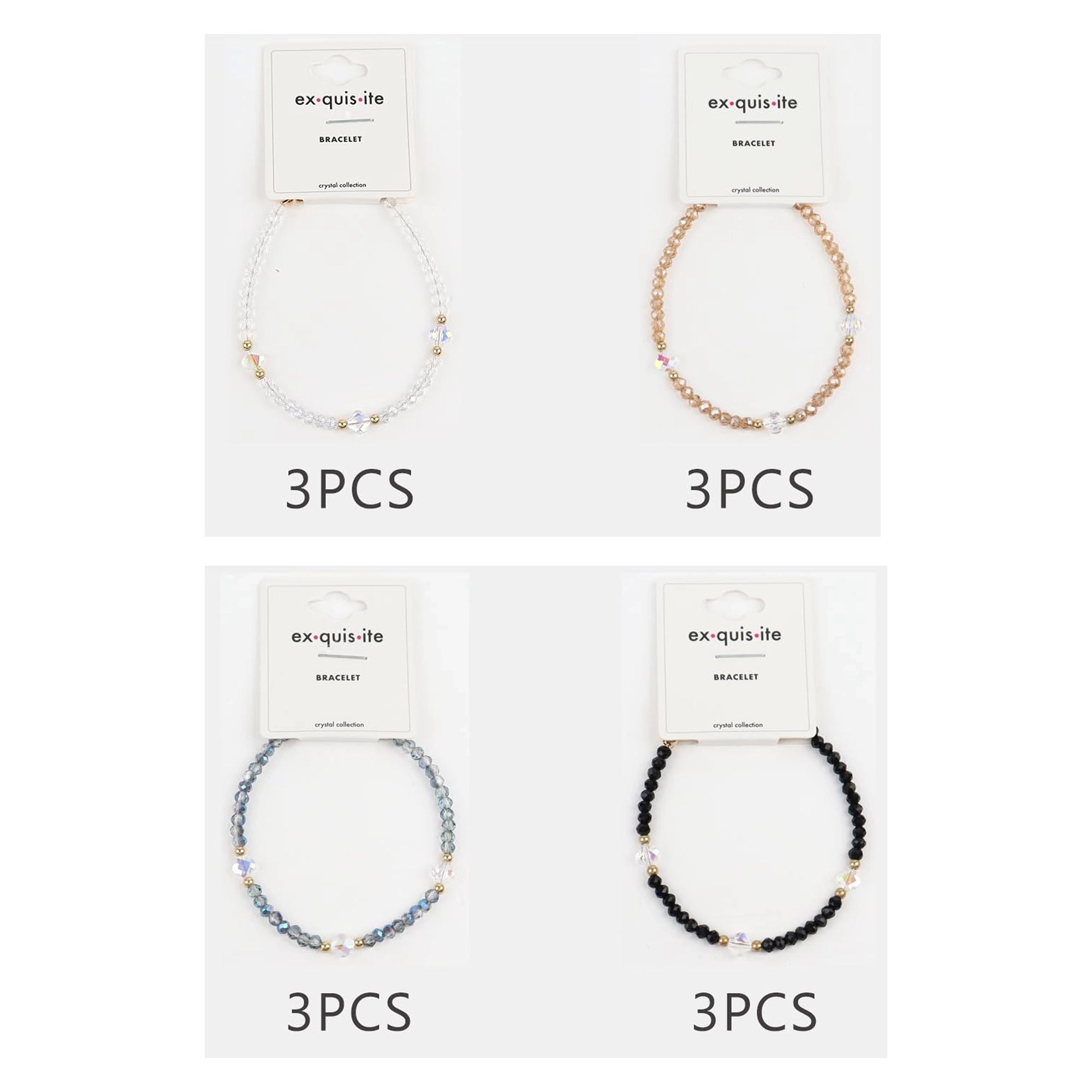 Handmade Glass Bead Bracelet Set – 12-Piece Wholesale Pack (4 Colors, 3 PCS Each) | Genuine Crystal Accent Beaded Bracelets with Adjustable Gold Chain (CB3013)