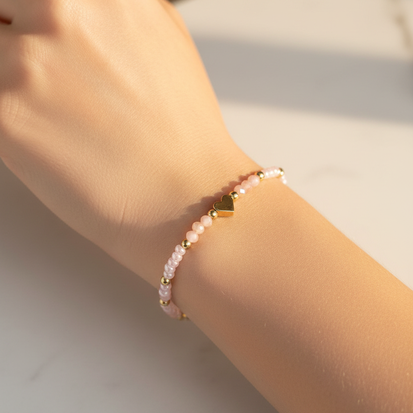Handmade Glass Bead Heart Bracelet Set – Genuine Crystal Beads Delicate Gold Chain Anklet/Bracelet, 12-Piece Wholesale Pack (CB3023)