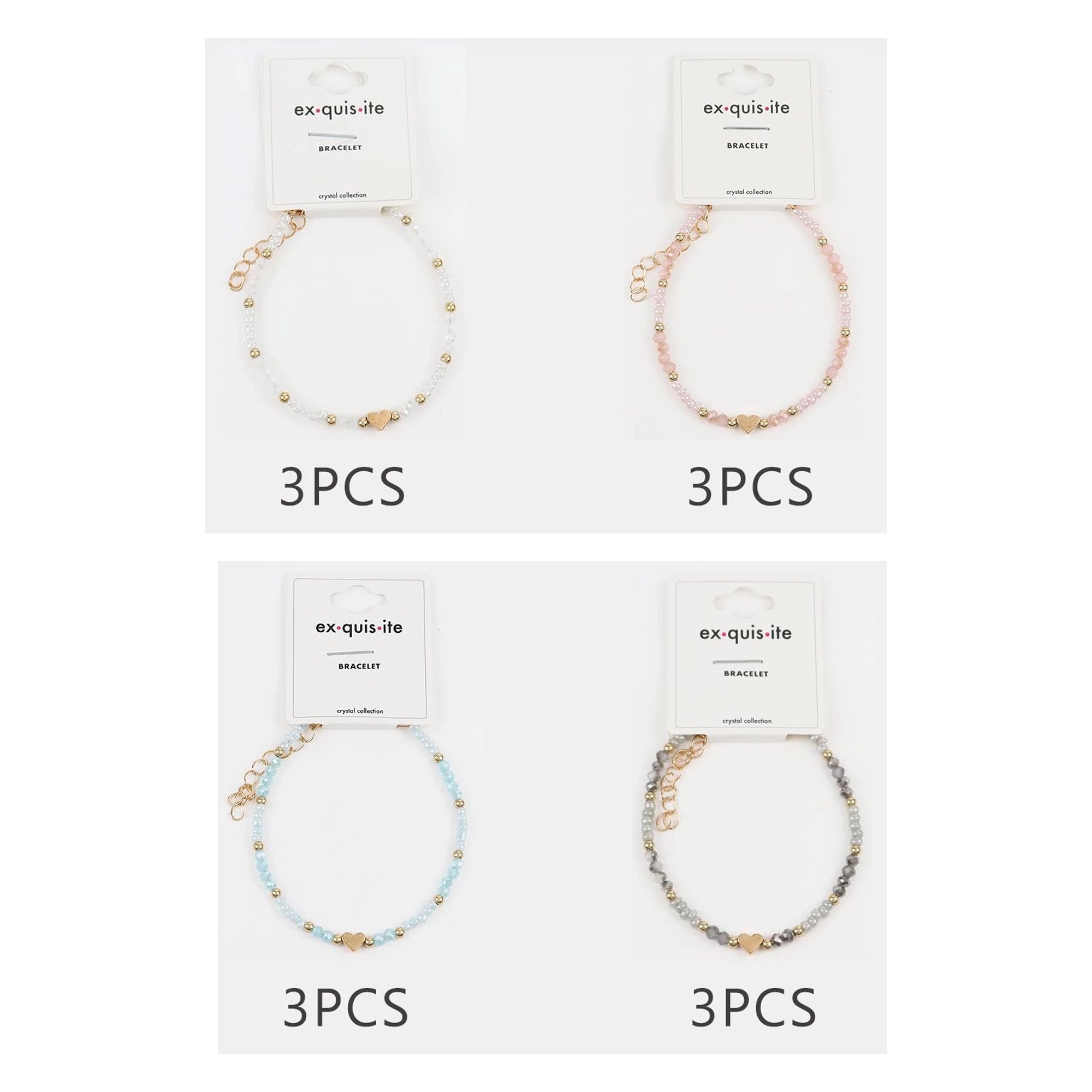 Handmade Glass Bead Heart Bracelet Set – Genuine Crystal Beads Delicate Gold Chain Anklet/Bracelet, 12-Piece Wholesale Pack (CB3023)