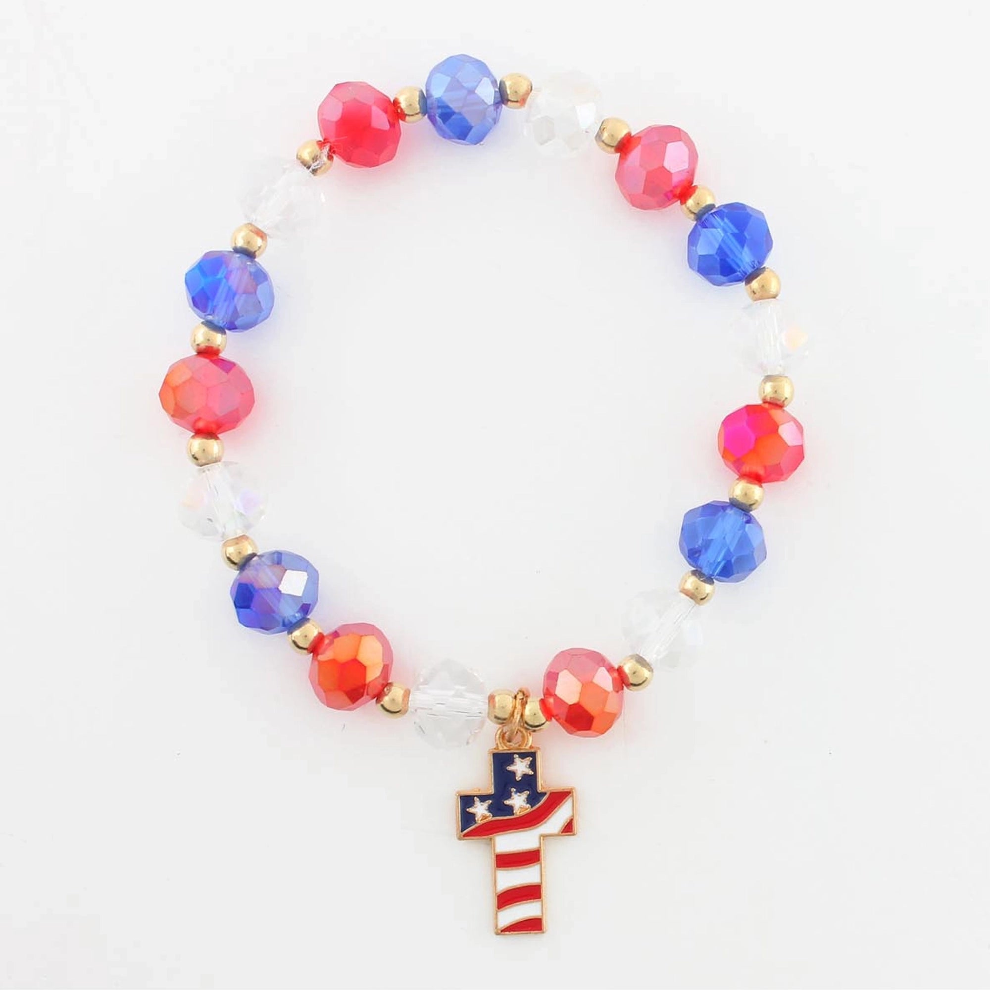 Patriotic American Flag Cross Charm Bracelet - Red, White, & Blue Crystal Bead Stretch Bracelets  12PCS (CB3043)