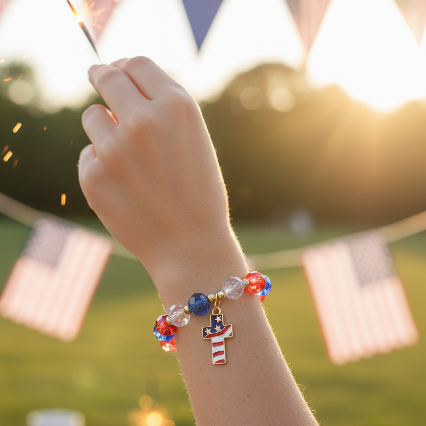 Patriotic American Flag Cross Charm Bracelet - Red, White, & Blue Crystal Bead Stretch Bracelets  12PCS (CB3043)