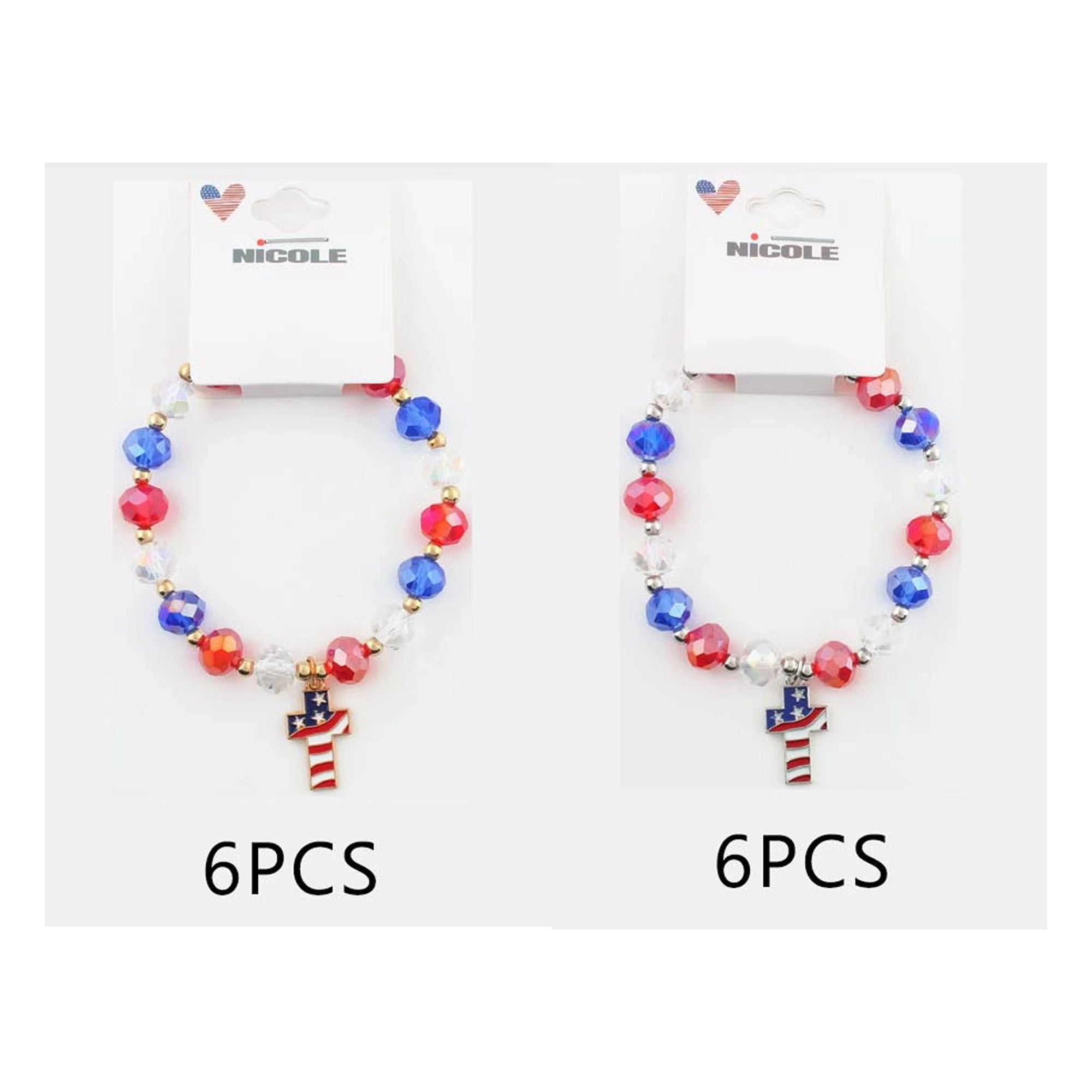 Patriotic American Flag Cross Charm Bracelet - Red, White, & Blue Crystal Bead Stretch Bracelets  12PCS (CB3043)