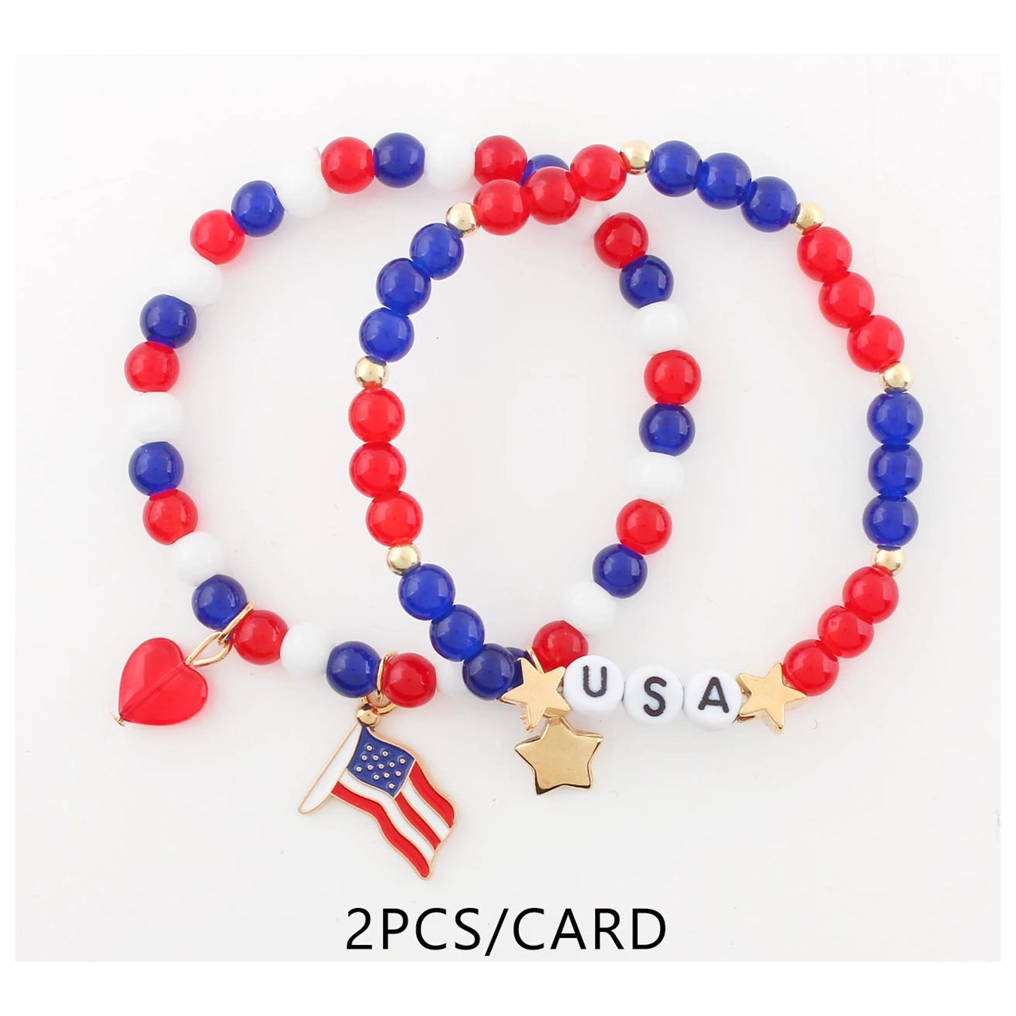 Patriotic USA Bracelet Set | Red White and Blue Beaded Stack | 4th of July Jewelry with Flag and Star Charms | Independence Day Accessories (CB3045)