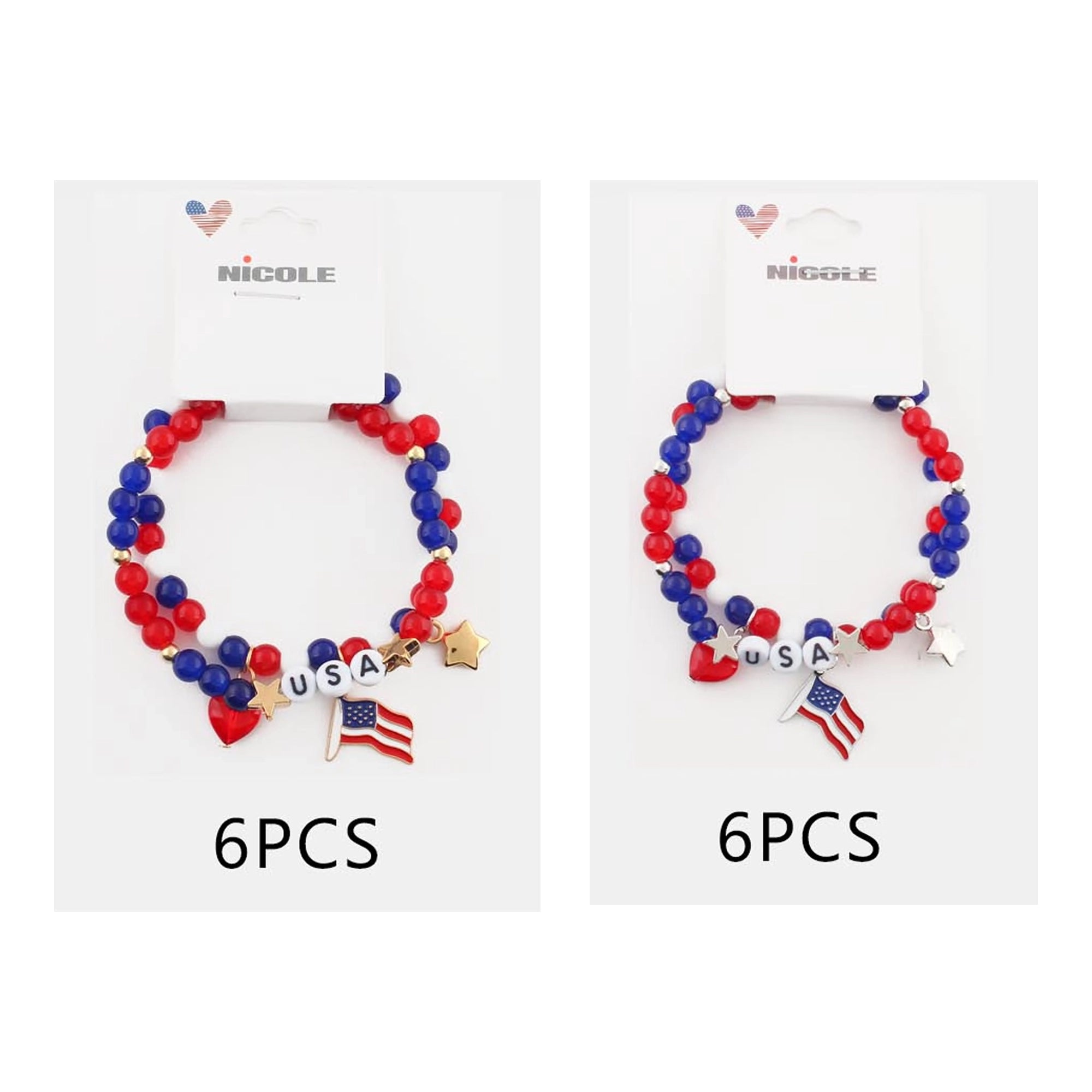 Patriotic USA Bracelet Set | Red White and Blue Beaded Stack | 4th of July Jewelry with Flag and Star Charms | Independence Day Accessories (CB3045)