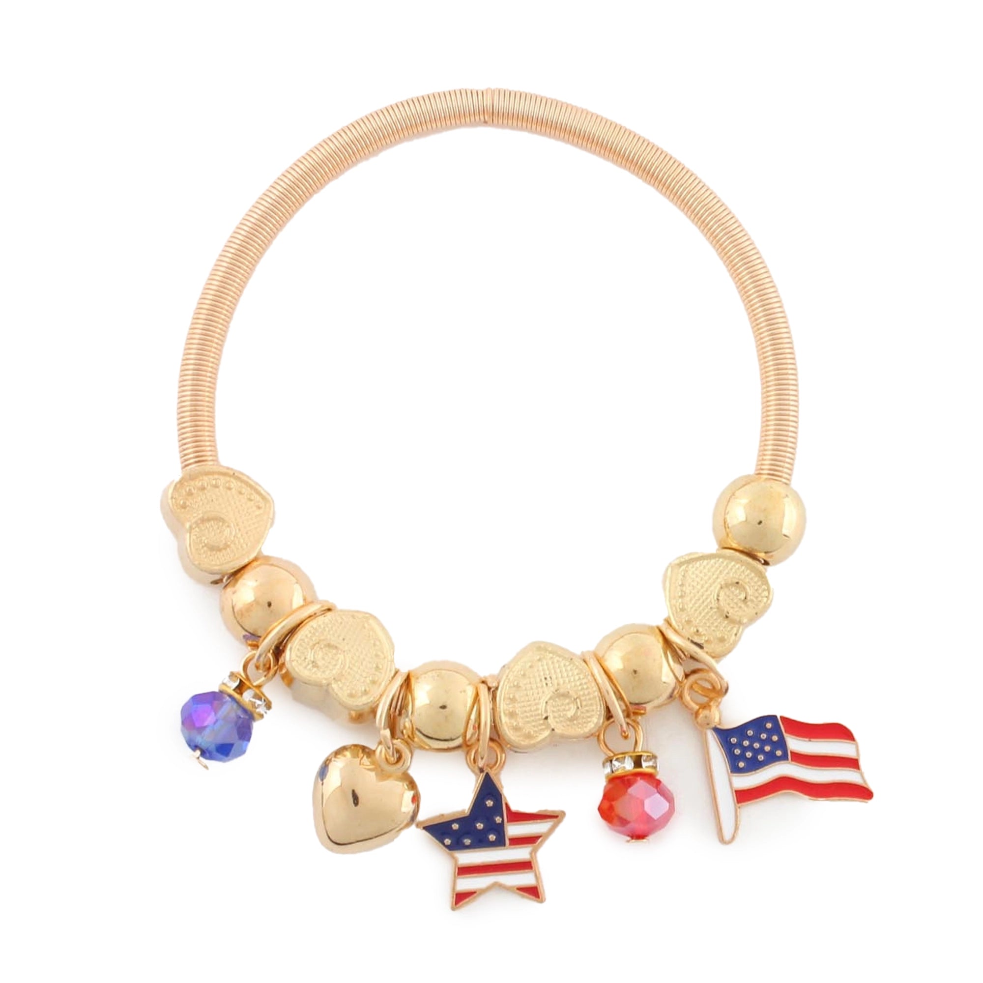 Patriotic USA Charm Bracelet Set – American Flag, Star & Heart Dangle Beads, Gold & Silver Stretch Metal Bracelet (CB3047)