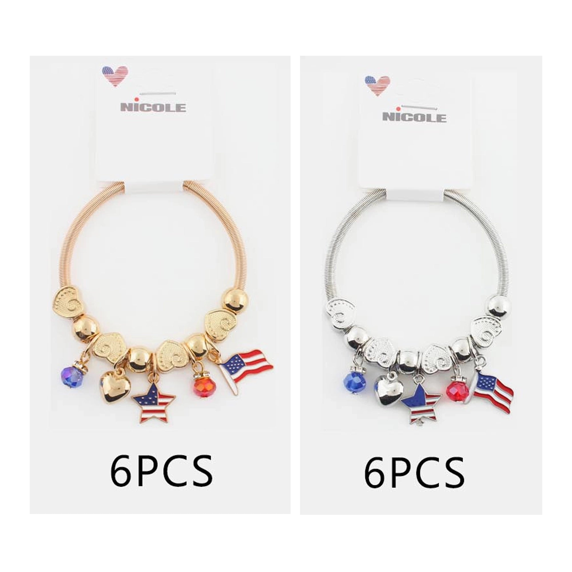 Patriotic USA Charm Bracelet Set – American Flag, Star & Heart Dangle Beads, Gold & Silver Stretch Metal Bracelet (CB3047)
