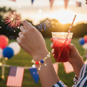 Patriotic USA Charm Bracelet Set - 4th of July Red, White & Blue Beads, Star Dangle, Stretch Wire Bangle 12pcs (CB3048)