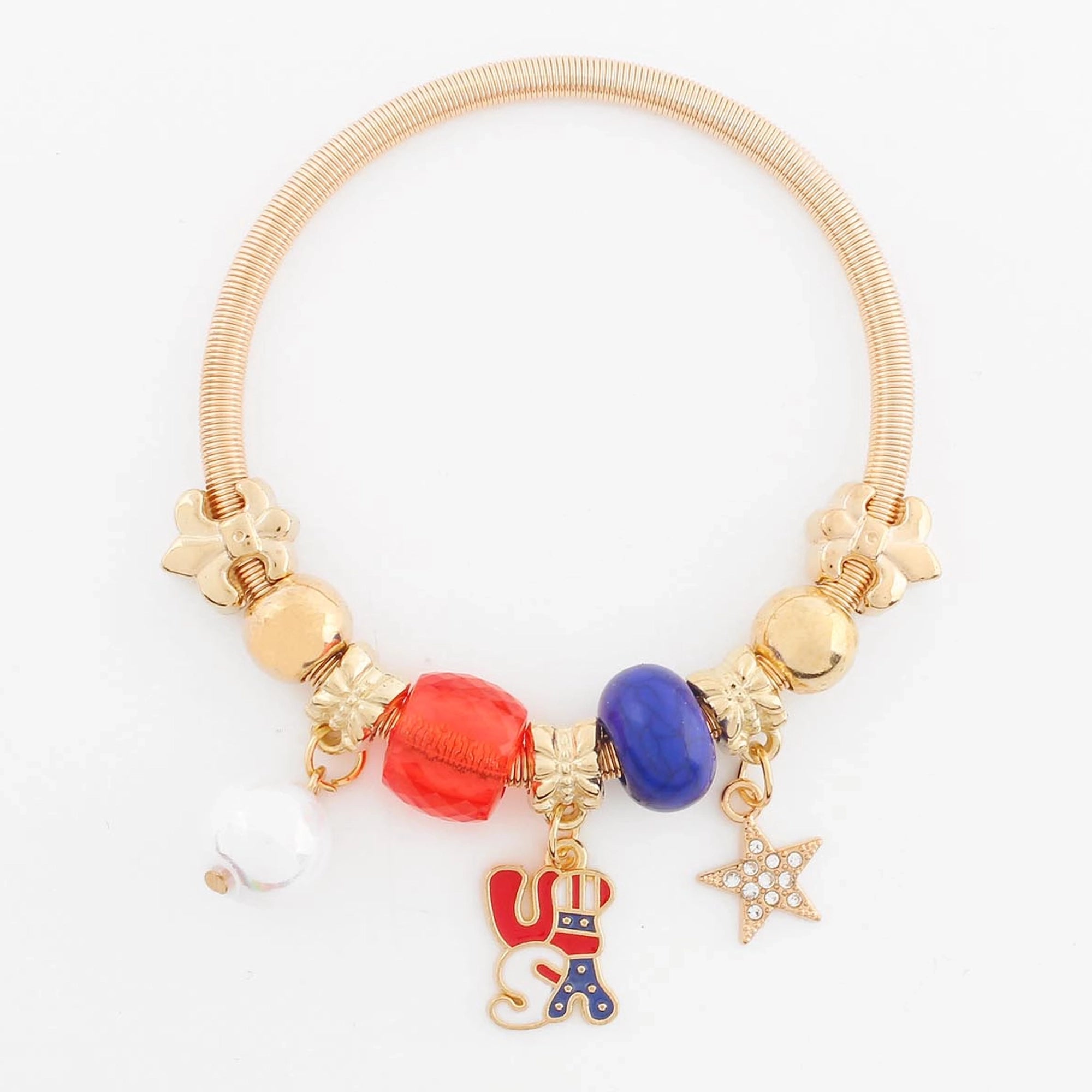 Patriotic USA Charm Bracelet Set - 4th of July Red, White & Blue Beads, Star Dangle, Stretch Wire Bangle 12pcs (CB3048)
