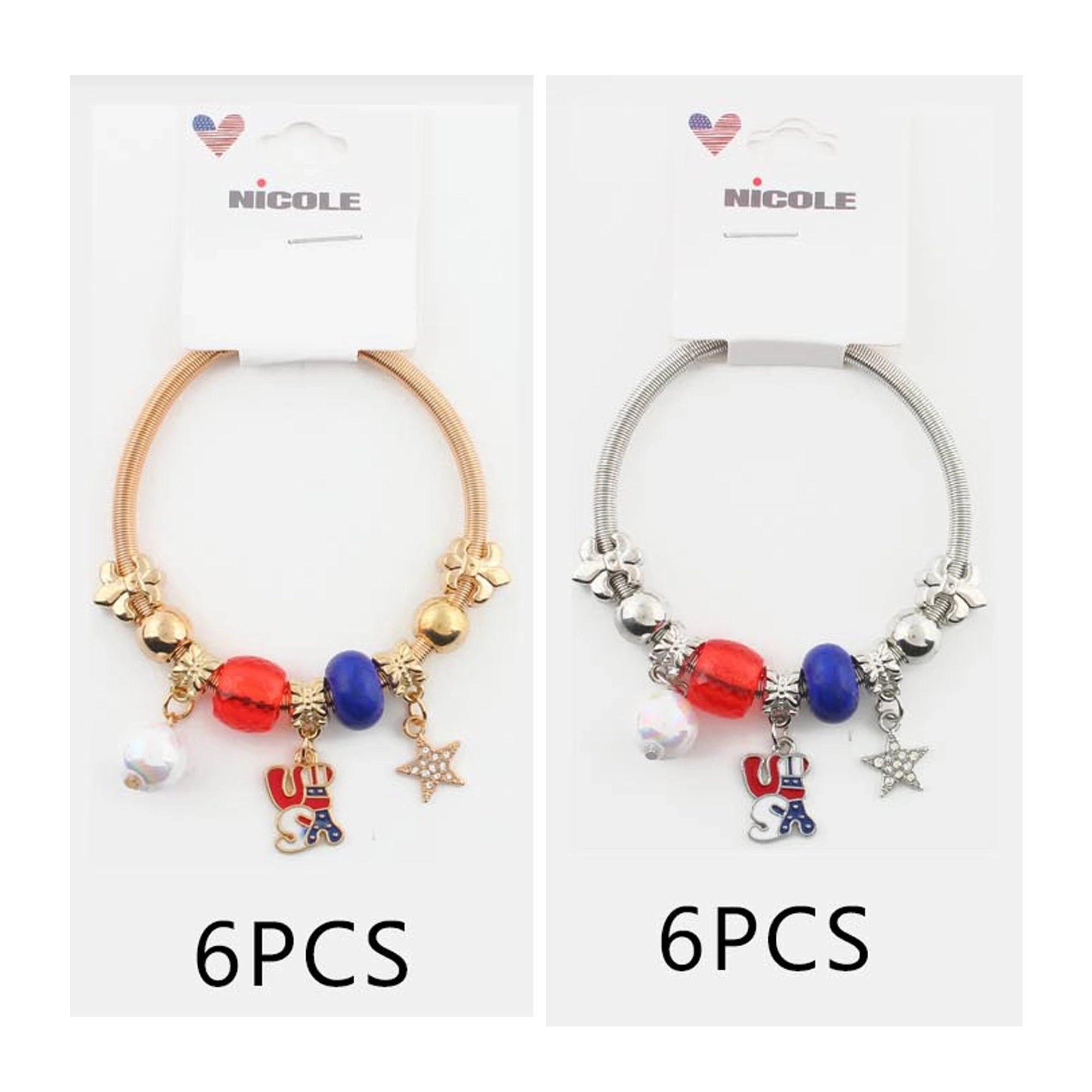 Patriotic USA Charm Bracelet Set - 4th of July Red, White & Blue Beads, Star Dangle, Stretch Wire Bangle 12pcs (CB3048)