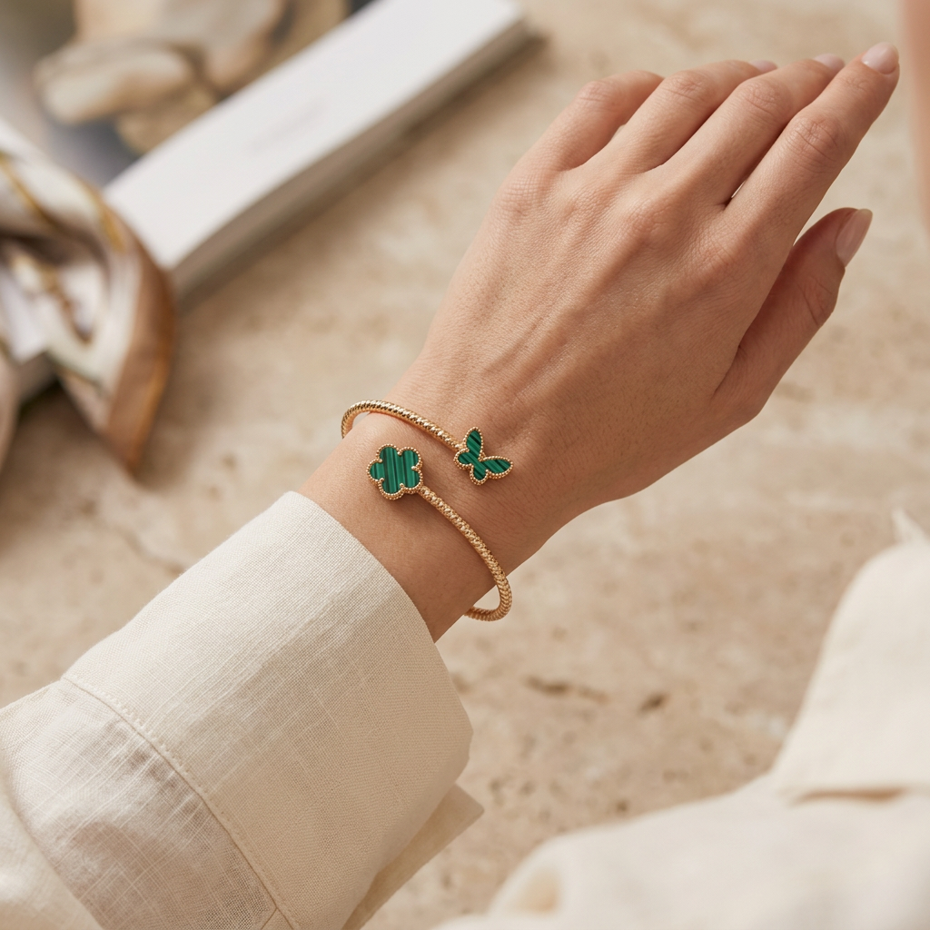 Women’s Gold & Silver Plated Malachite Clover & Butterfly Open Bangle Bracelet – Multi-Color 12-Pieces (CB3072)
