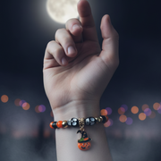 Halloween Beaded Stretch Bracelet with Witch Hat Jack-O'-Lantern Charm & Skulls - Orange and Black Spooky Jewelry (CB3073)