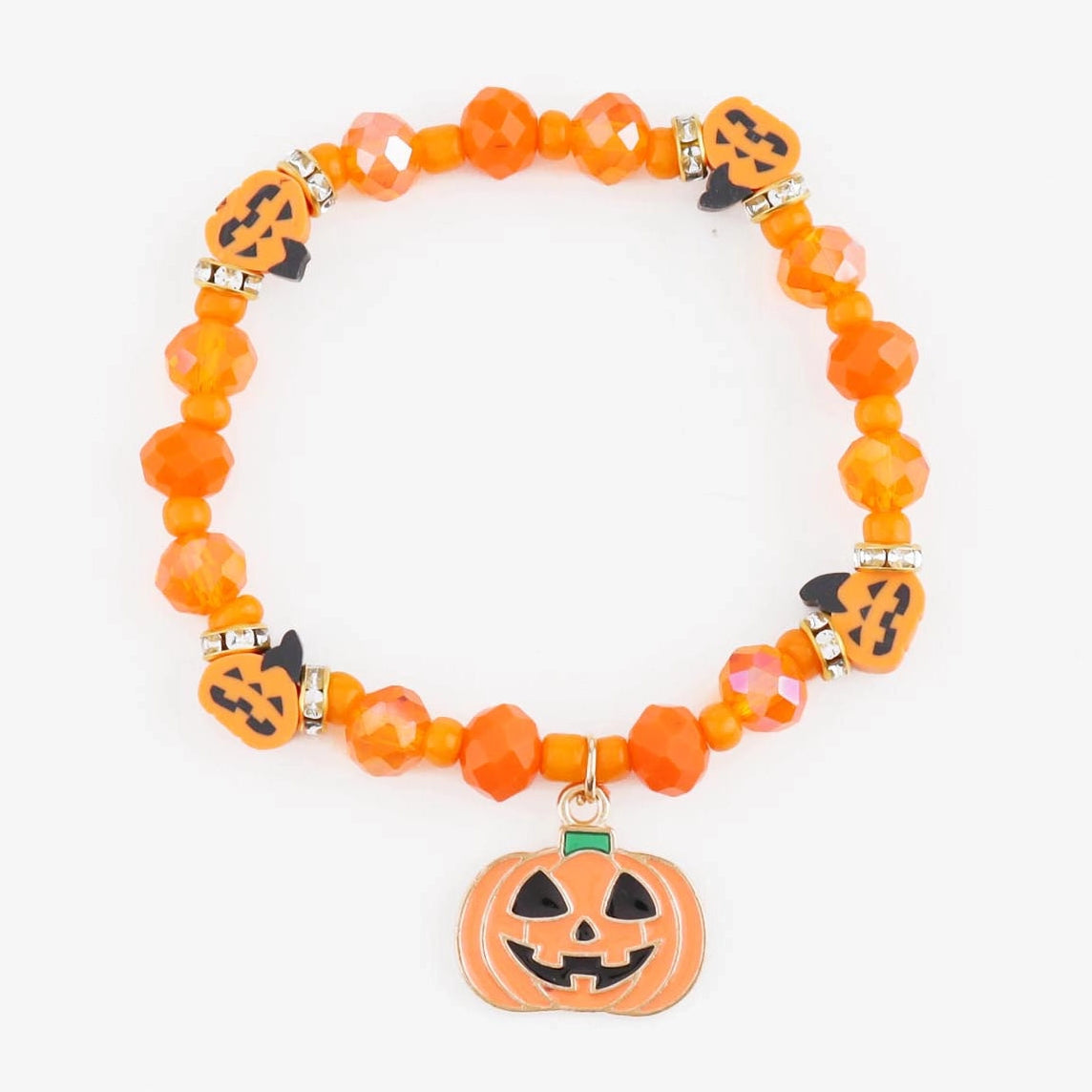 Halloween Beaded Stretch Bracelet with Pumpkin Charm & Rhinestone Spacers (CB3077)