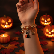 Halloween Charm Bracelet Set – Gold & Silver Stretch Bangle with Black Cat, Ghost, Skull & Pumpkin Charms (CB3081)