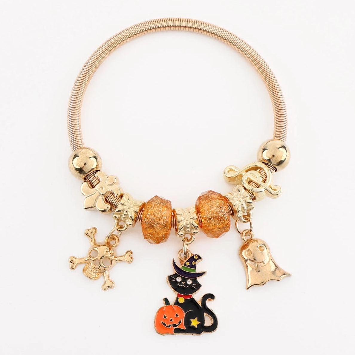 Halloween Charm Bracelet Set – Gold & Silver Stretch Bangle with Black Cat, Ghost, Skull & Pumpkin Charms (CB3081)