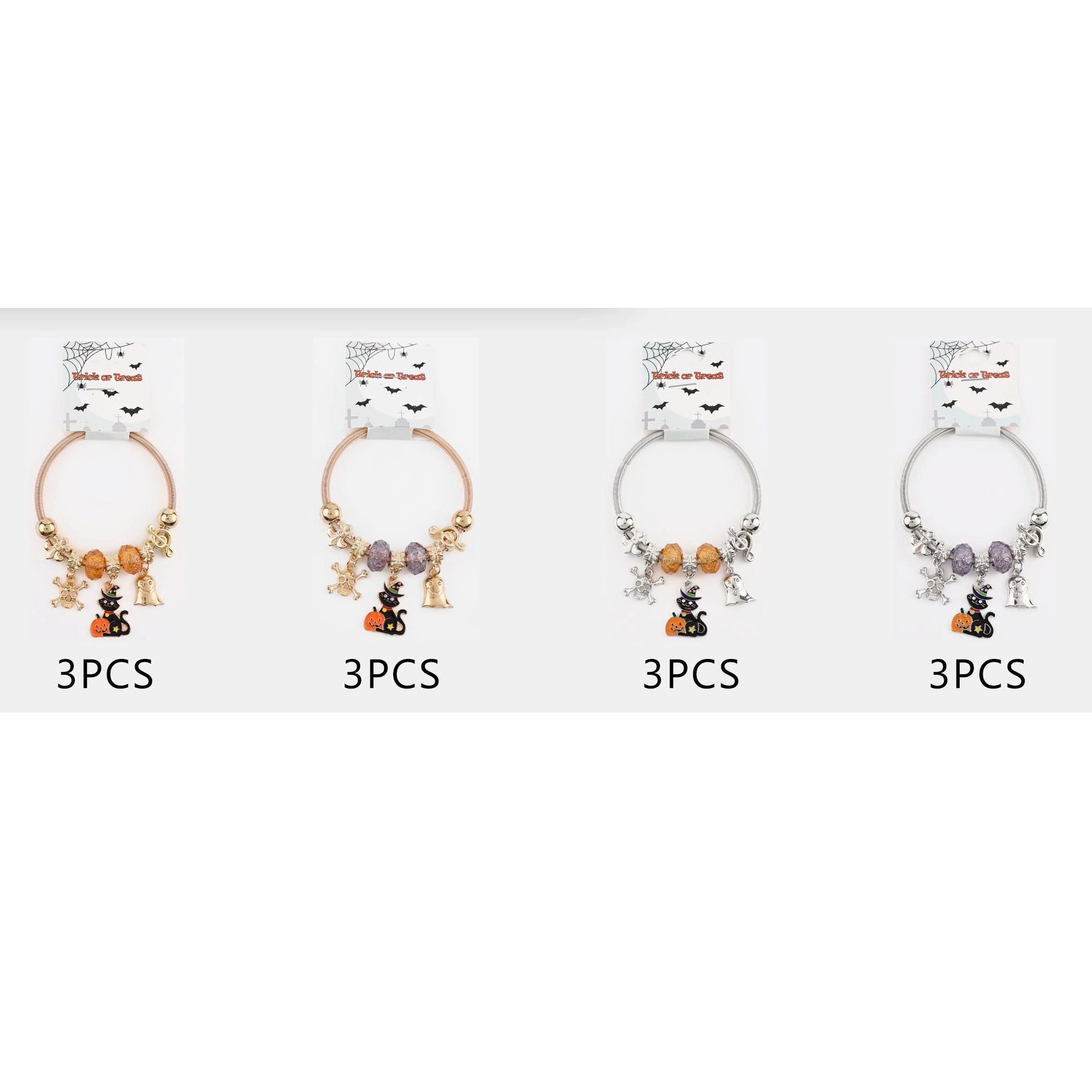 Halloween Charm Bracelet Set – Gold & Silver Stretch Bangle with Black Cat, Ghost, Skull & Pumpkin Charms (CB3081)