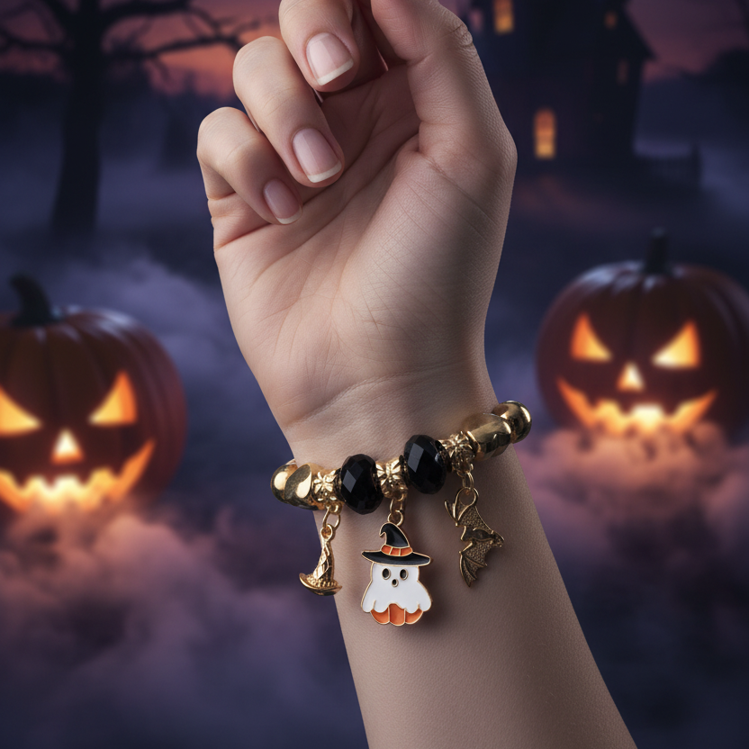 Halloween Charm Bracelet Set - Stretch Bangle with Cute Ghost, Witch Hat & Bat Charms (Gold & Silver Finish) (CB3083)
