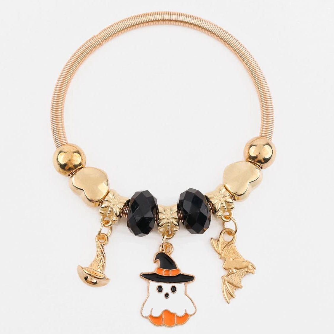 Halloween Charm Bracelet Set - Stretch Bangle with Cute Ghost, Witch Hat & Bat Charms (Gold & Silver Finish) (CB3083)