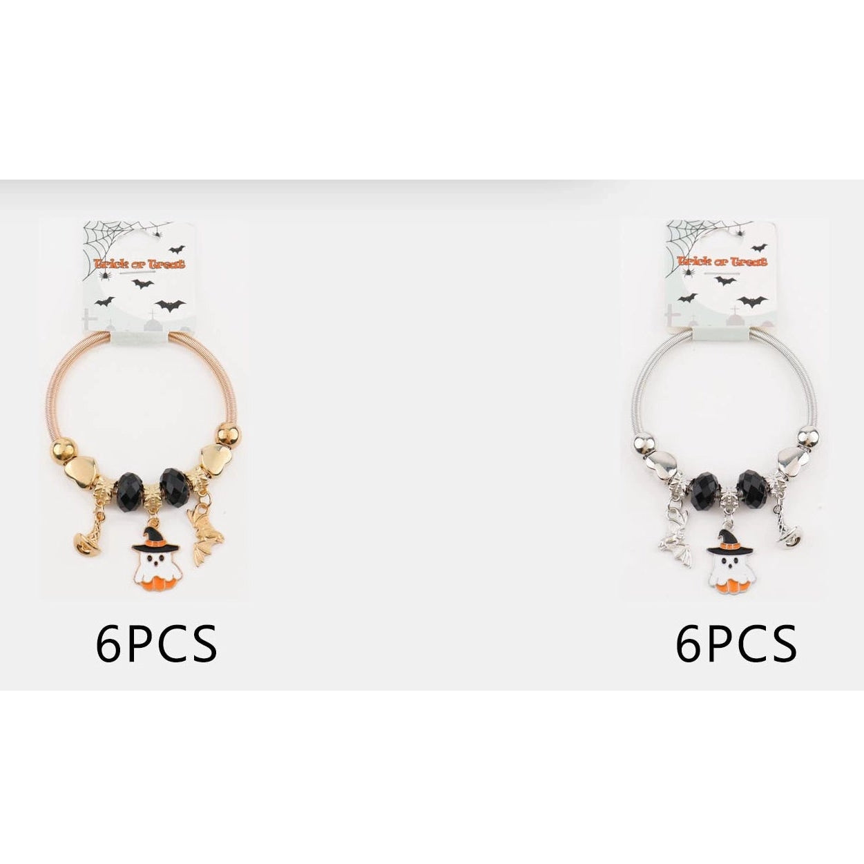 Halloween Charm Bracelet Set - Stretch Bangle with Cute Ghost, Witch Hat & Bat Charms (Gold & Silver Finish) (CB3083)