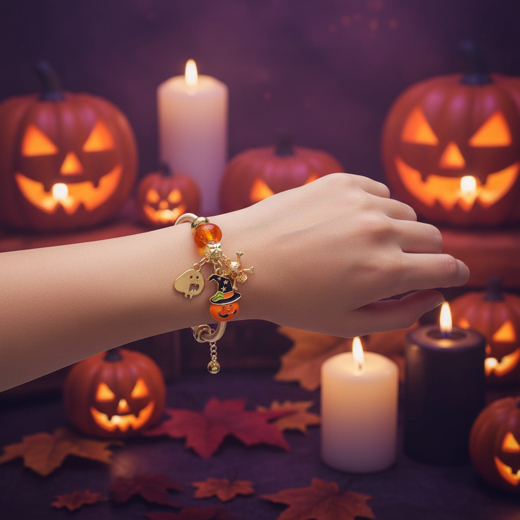 Halloween Charm Bangle Bracelet Set – Pumpkin, Ghost & Skull Festive Jewelry (CB3084)