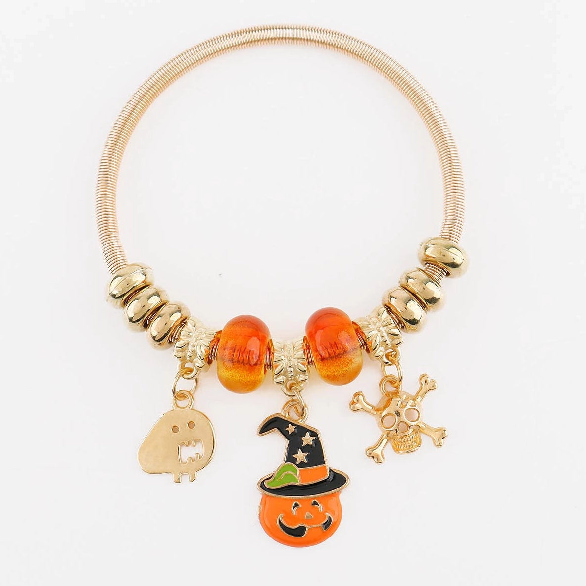 Halloween Charm Bangle Bracelet Set – Pumpkin, Ghost & Skull Festive Jewelry (CB3084)