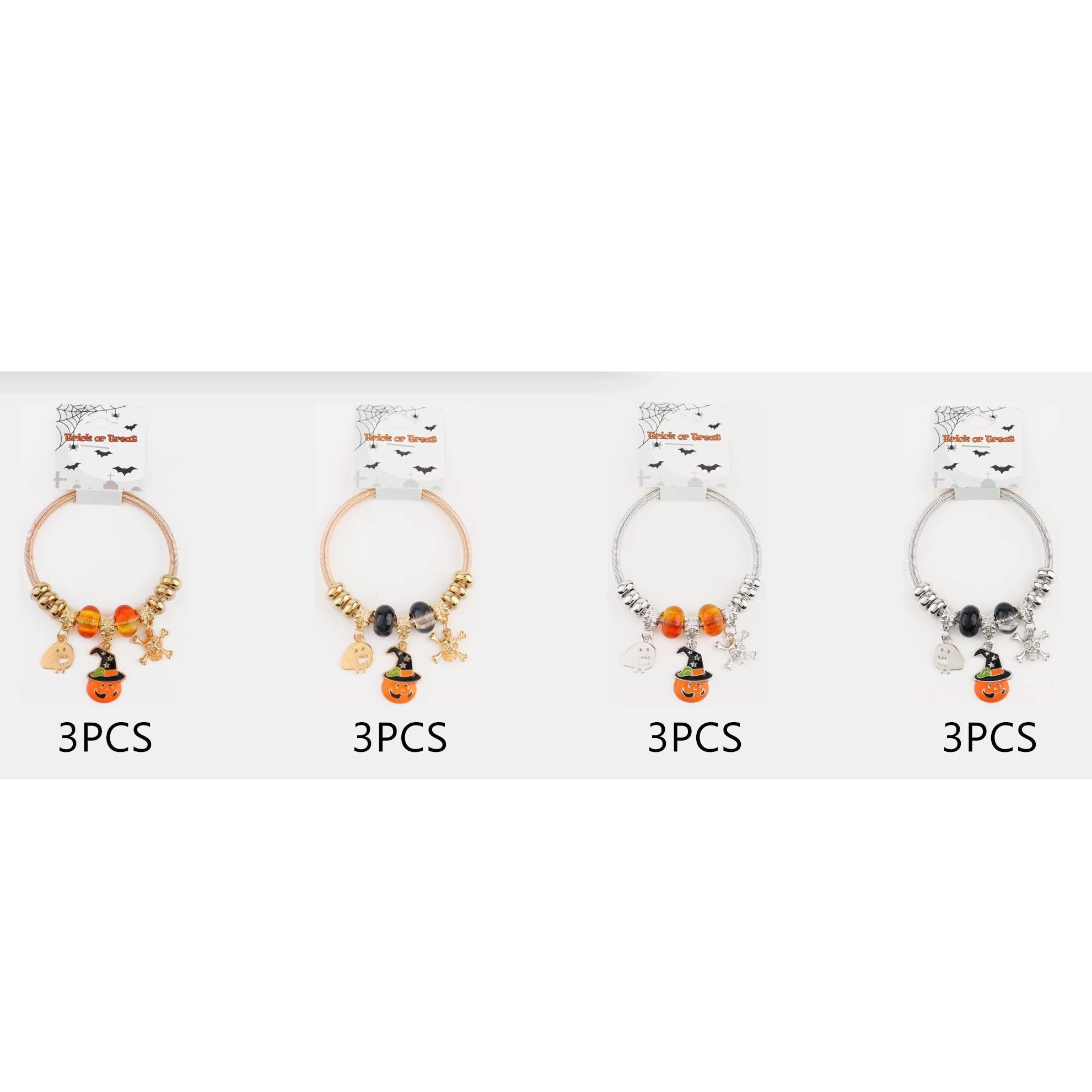 Halloween Charm Bangle Bracelet Set – Pumpkin, Ghost & Skull Festive Jewelry (CB3084)