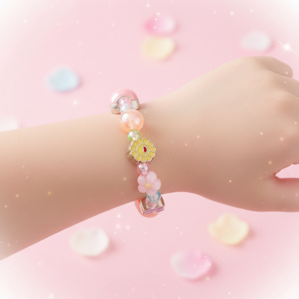 Kids Colorful Beaded Stretch Bracelet with Flower & Butterfly Charms – 12 PCS (CB3126)